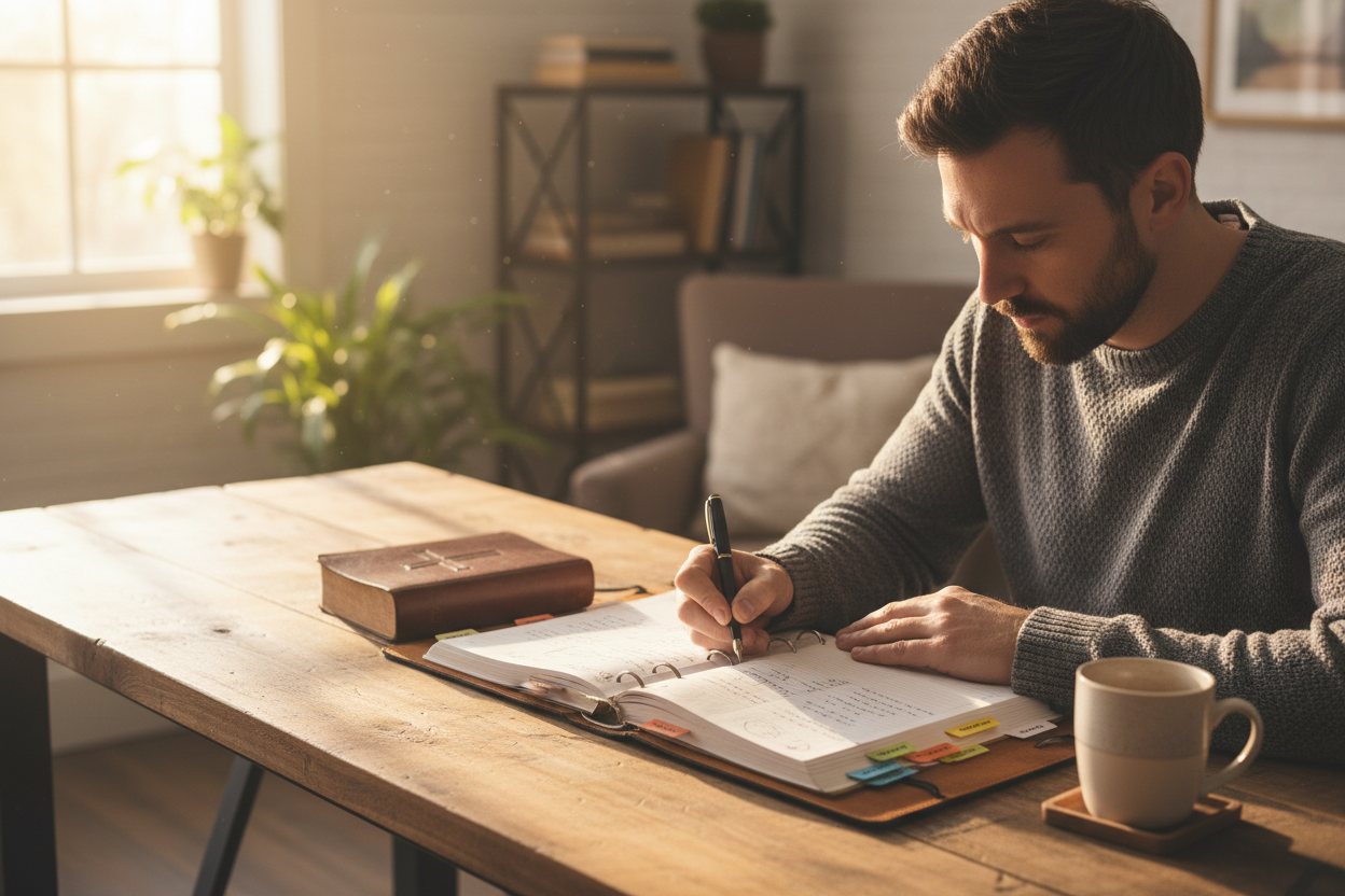 Man journaling in a binder for a God 365 journaling system that helps you hear gods word